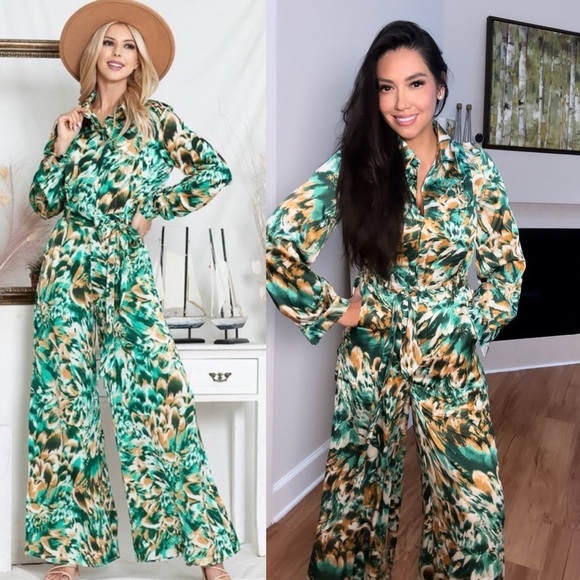 Silky Wide Leg Belted Jumpsuit: Greens & Tans - Picture 1 of 3